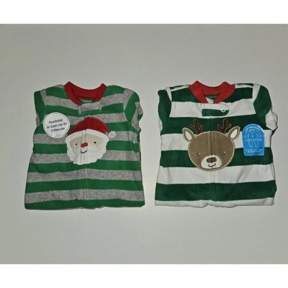 NWT 2 Pairs Christmas Footie Pajamas Lot 0-3 3 Months Reindeer Santa Carter's